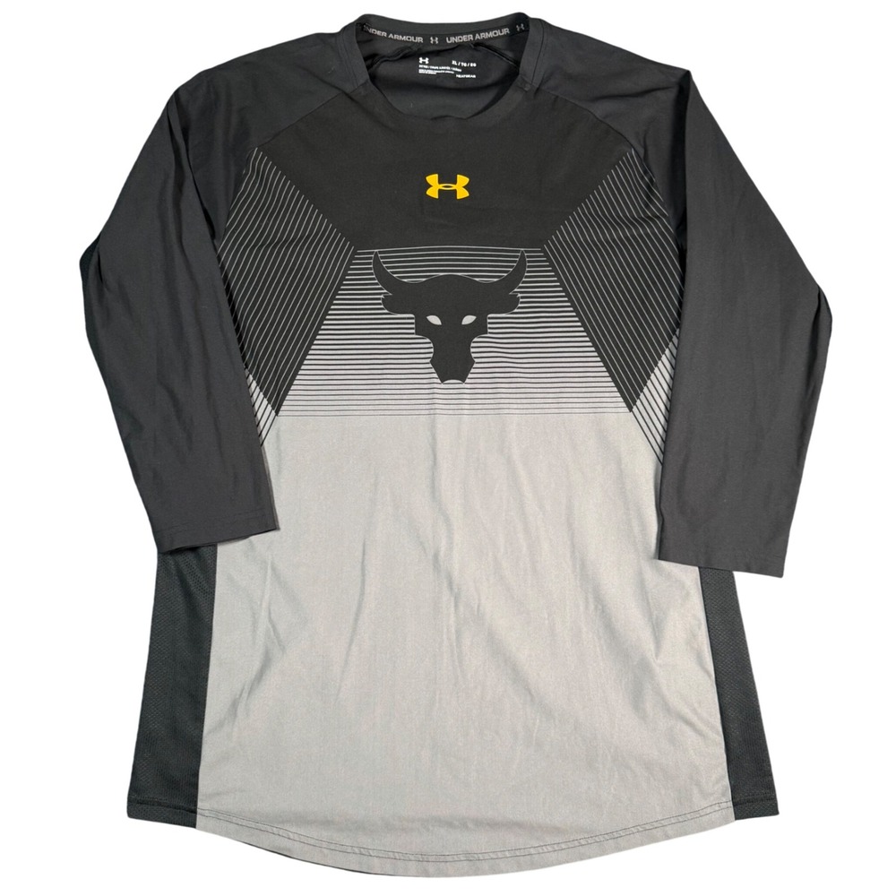 Under Armour Project Rock 3/4 Sleeve Shirt Mens XL Black Gray Brahma Bull Gym